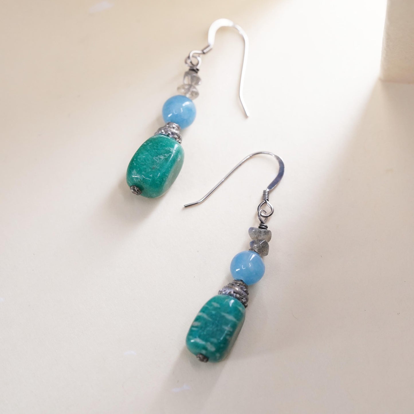 Southwestern sterling silver 925 handmade earrings w/ jade nugget larimar beads