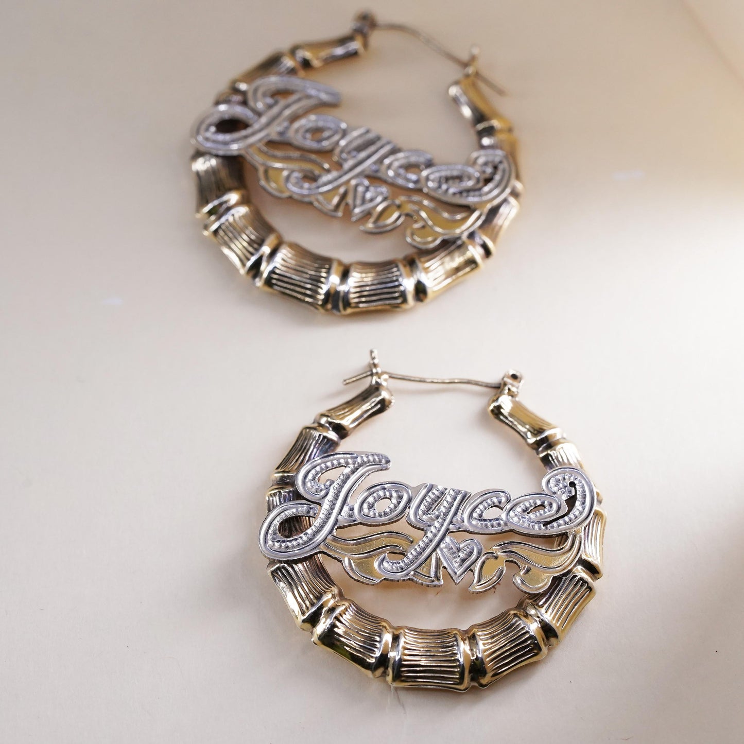 1.5", vermeil gold over sterling silver earrings, textured bamboo hoops Joyce