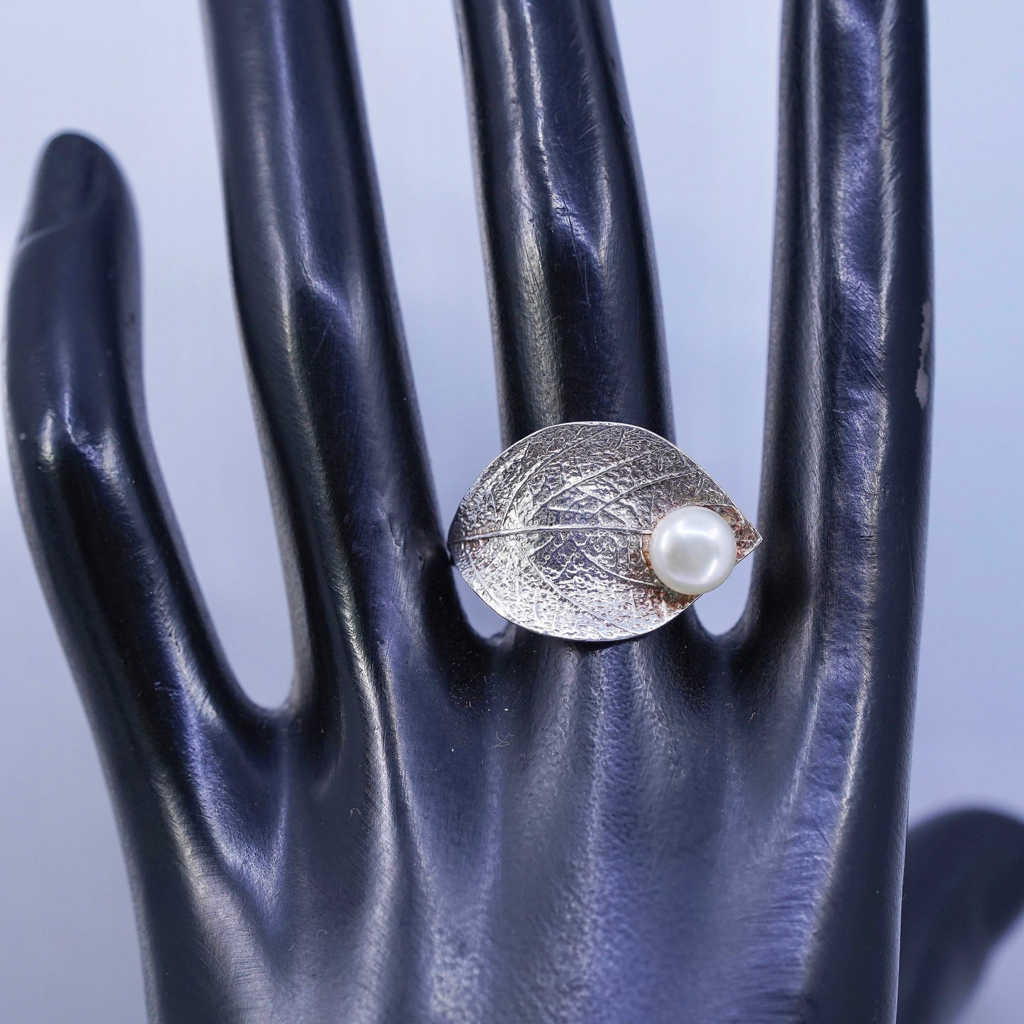 Size adjustable, vintage sterling silver ring, handmade leaf 925 band w/ pearl