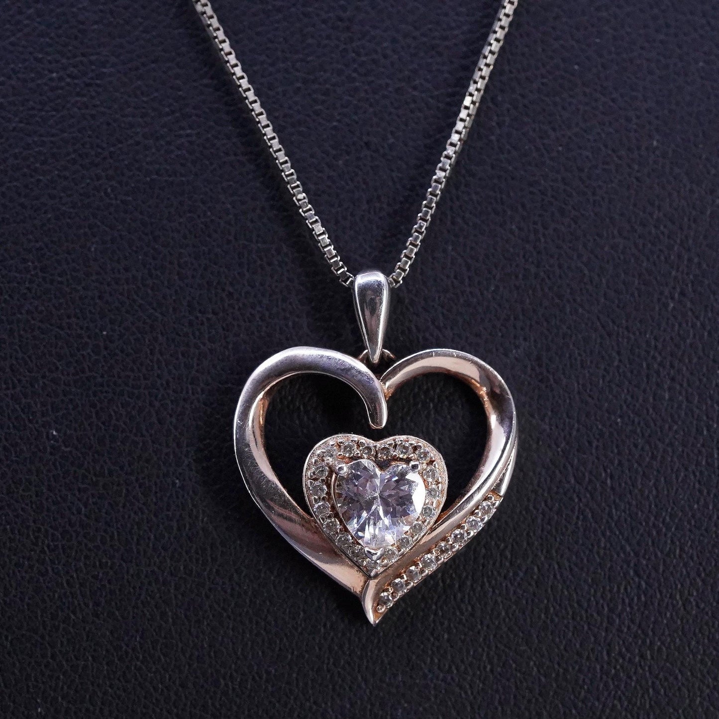 18+2", vintage Sterling silver necklace, 925 box chain cluster cz heart pendant