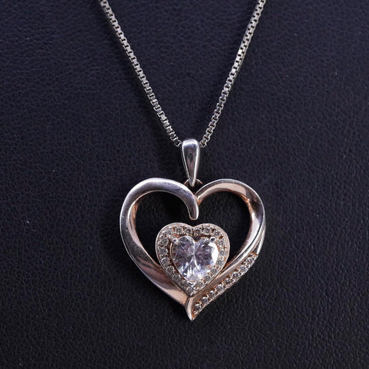 18+2", vintage Sterling silver necklace, 925 box chain cluster cz heart pendant