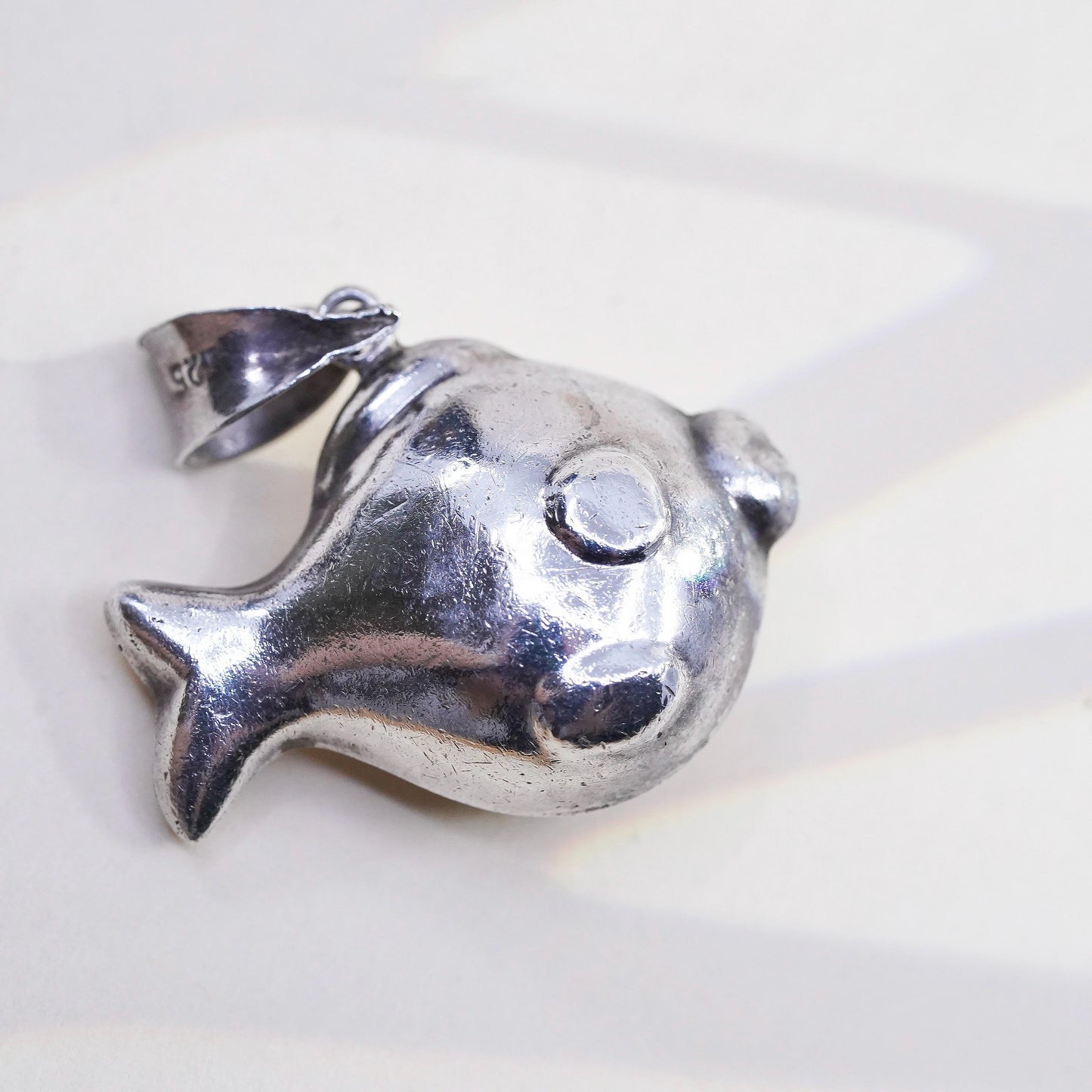 Vintage sterling silver handmade puffy goofy fish charm, 925 pendant