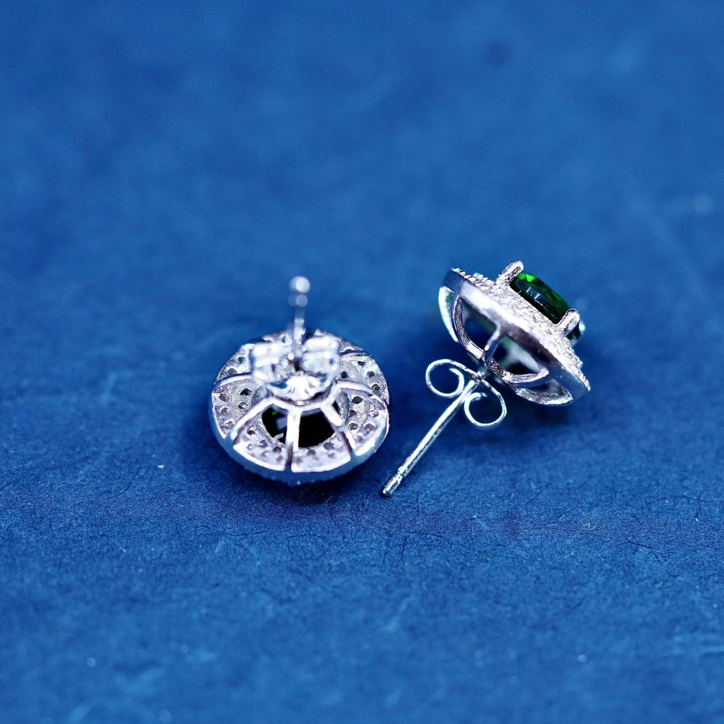 Vintage sterling silver handmade earrings, 925 studs with cluster green crystal