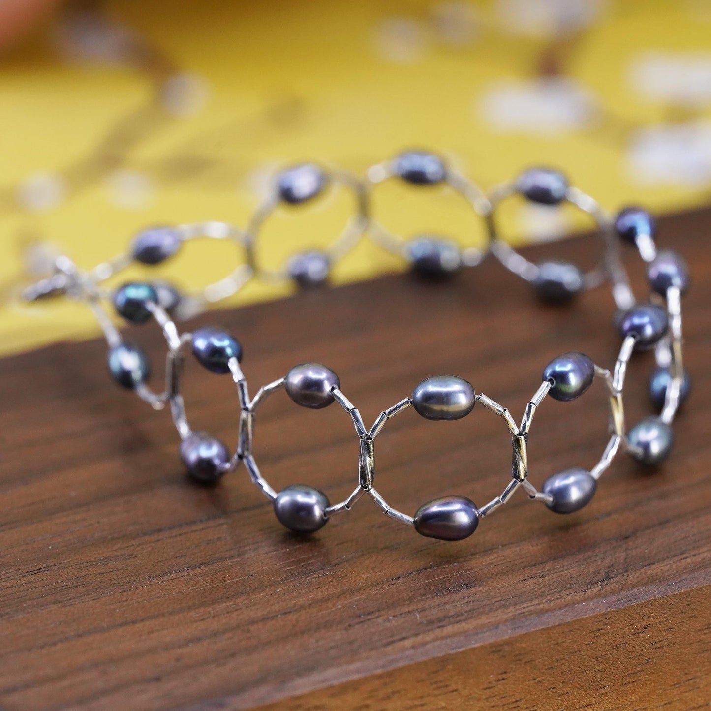 7" Vintage handmade genuine black pearl beads bracelet, sterling 925 silver