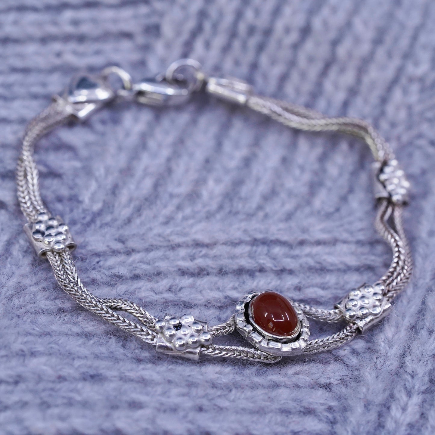 7”, vintage Sterling silver handmade bracelet, 925 wheat chain with carnelian