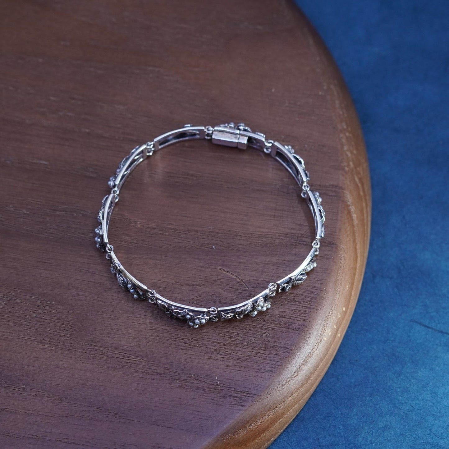 7”, vintage sterling 925 silver tennis bracelet with maple leaves and pearl