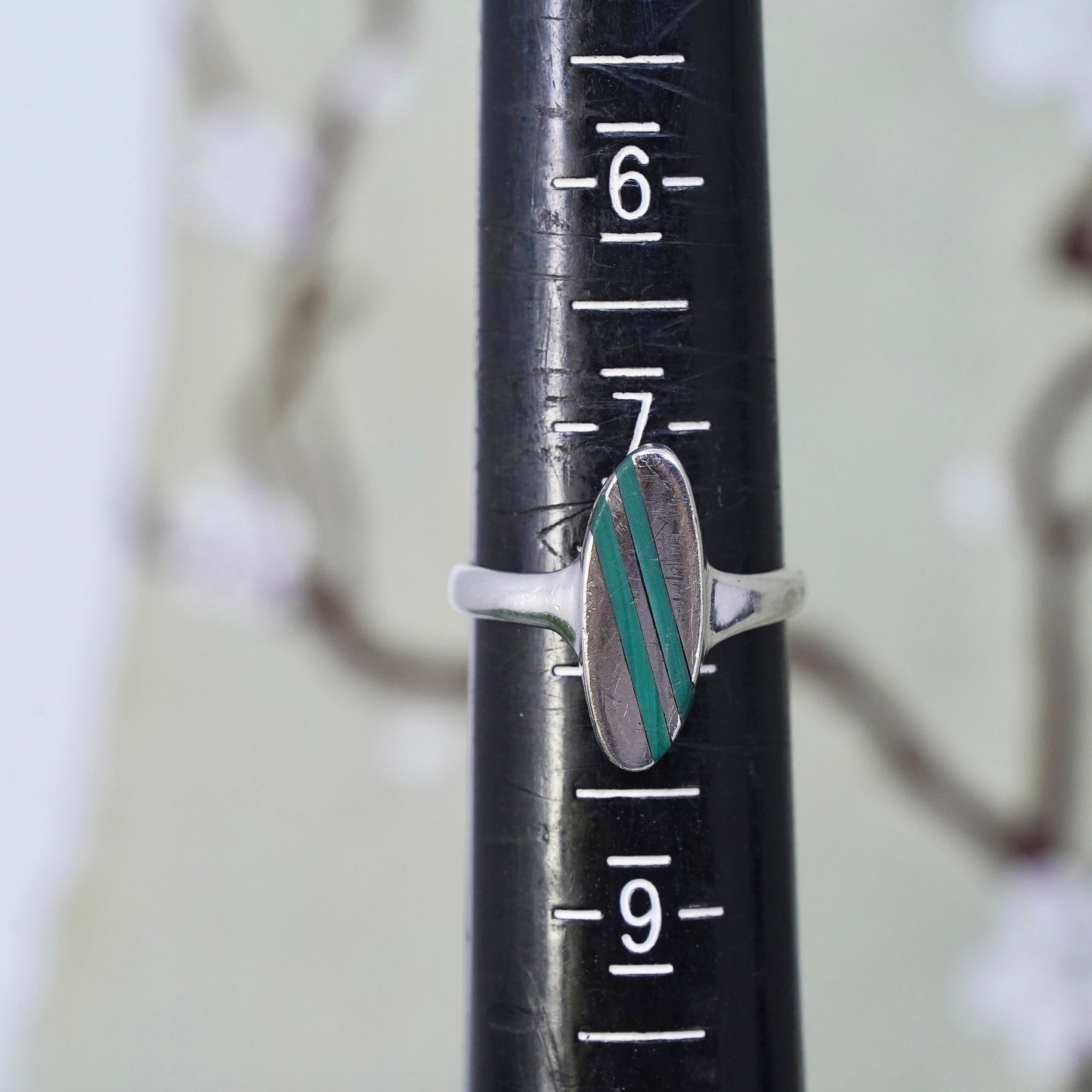 Size 7.75, Sterling silver ring, geometric 925 silver with malachite inlay
