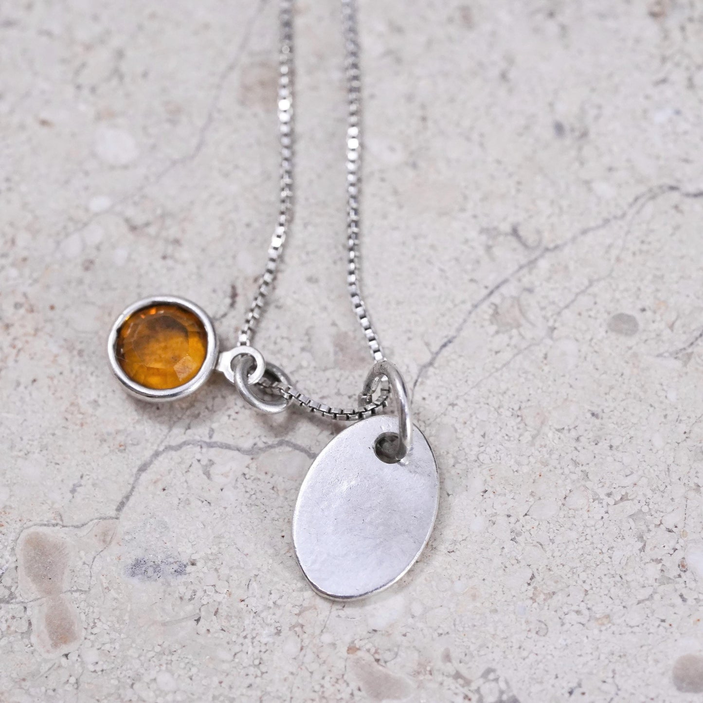 18", Sterling silver necklace, 925 box chain with letter S pendant and citrine