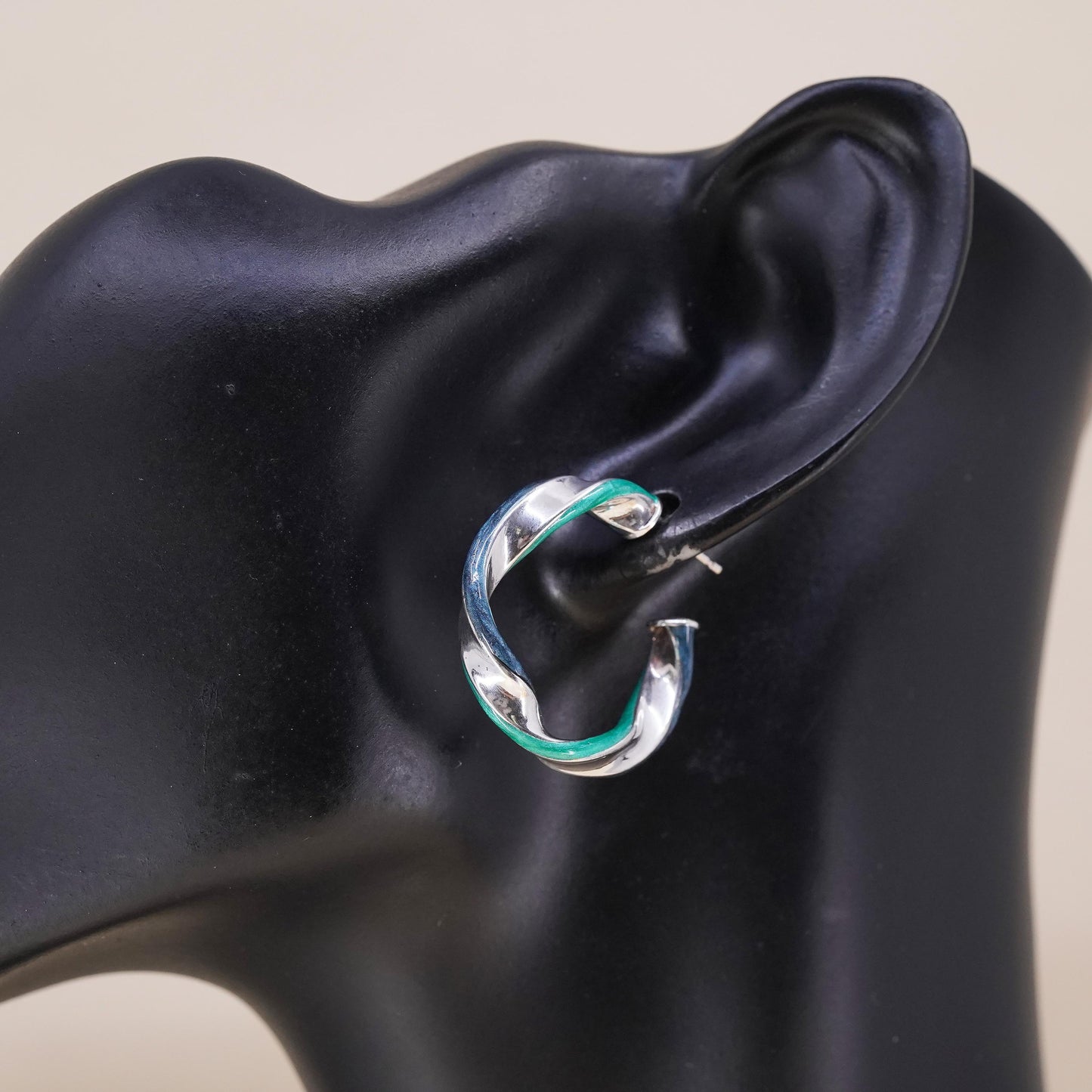 1.25", Vintage sterling silver loop single earring, twisted hoop green enamel