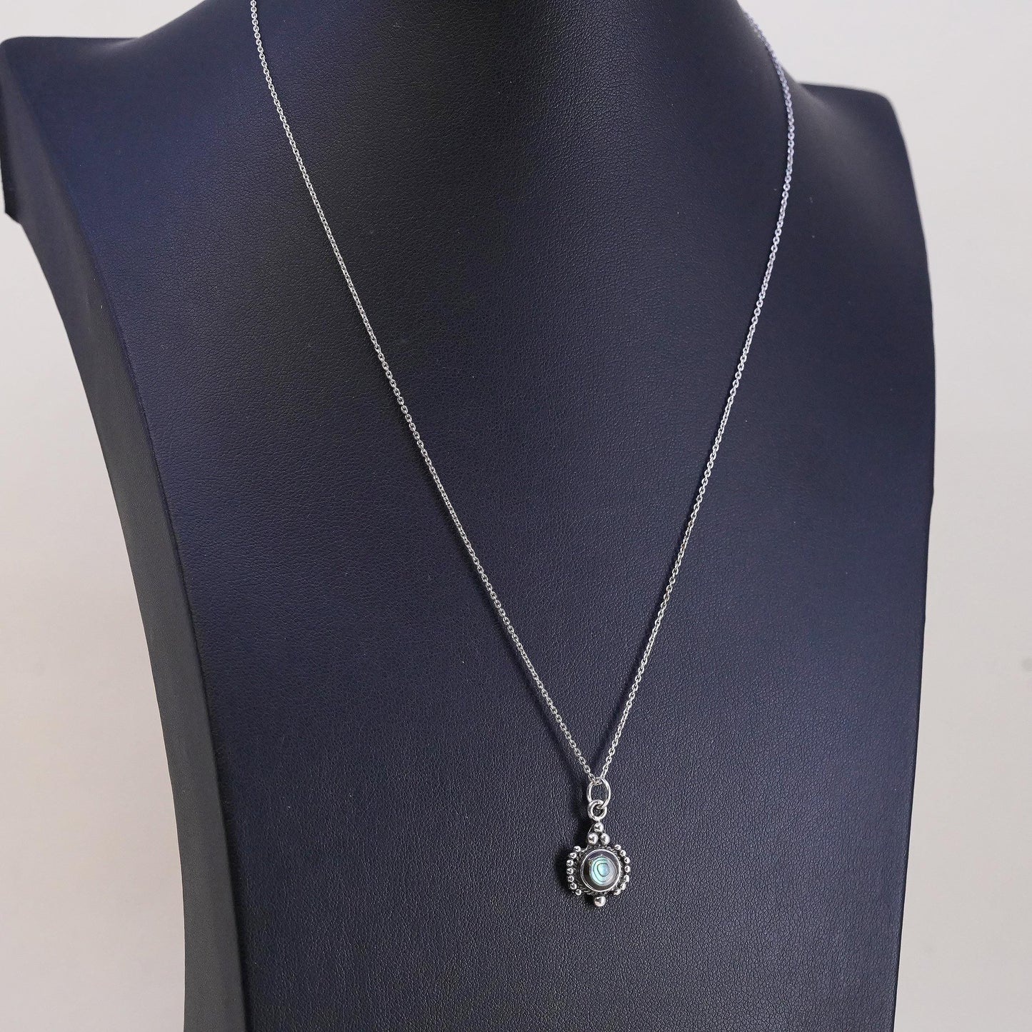 18” sterling 925 silver handmade circle chain with abalone inlay beaded pendant