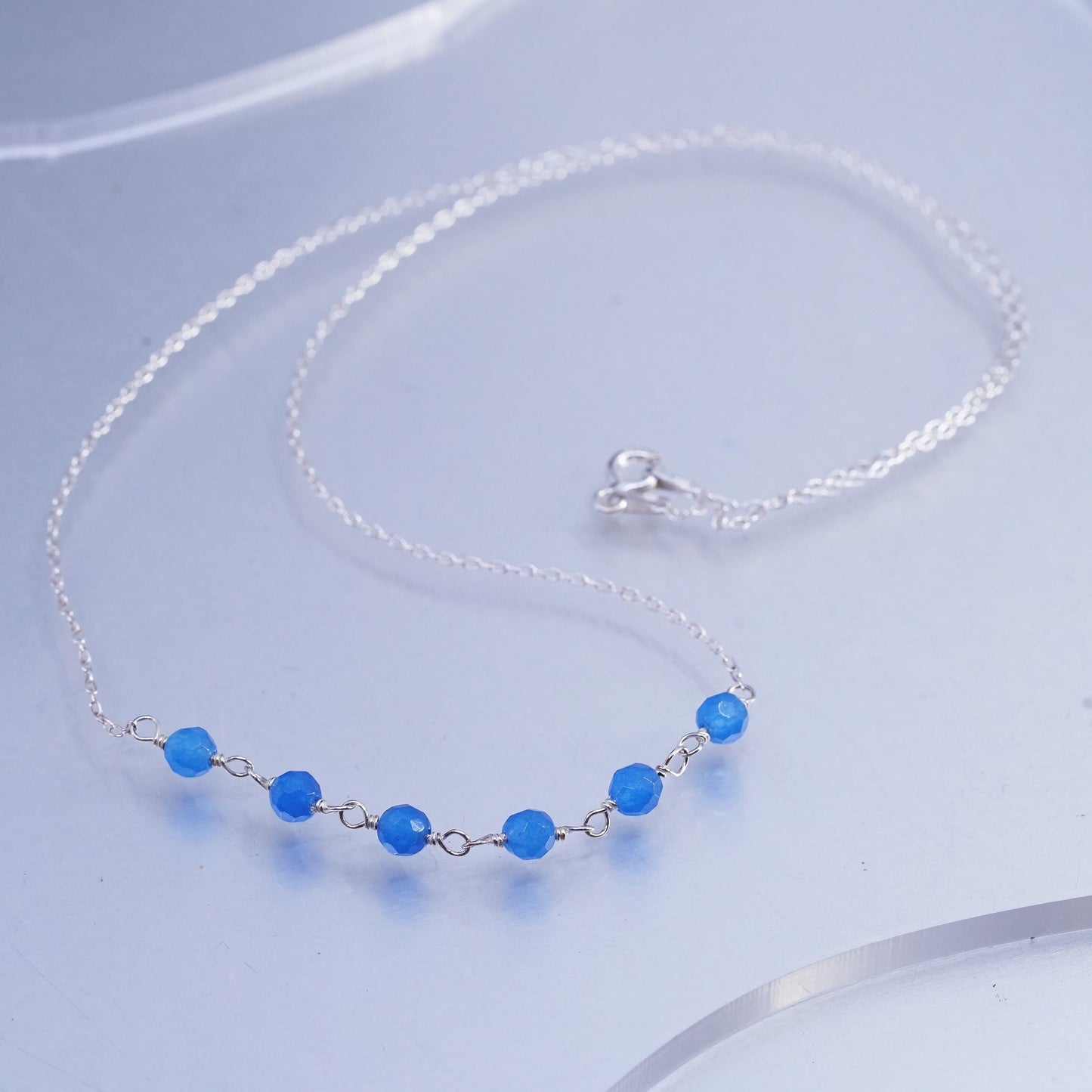 18", vintage Sterling 925 silver circle chain necklace with chalcedony beads