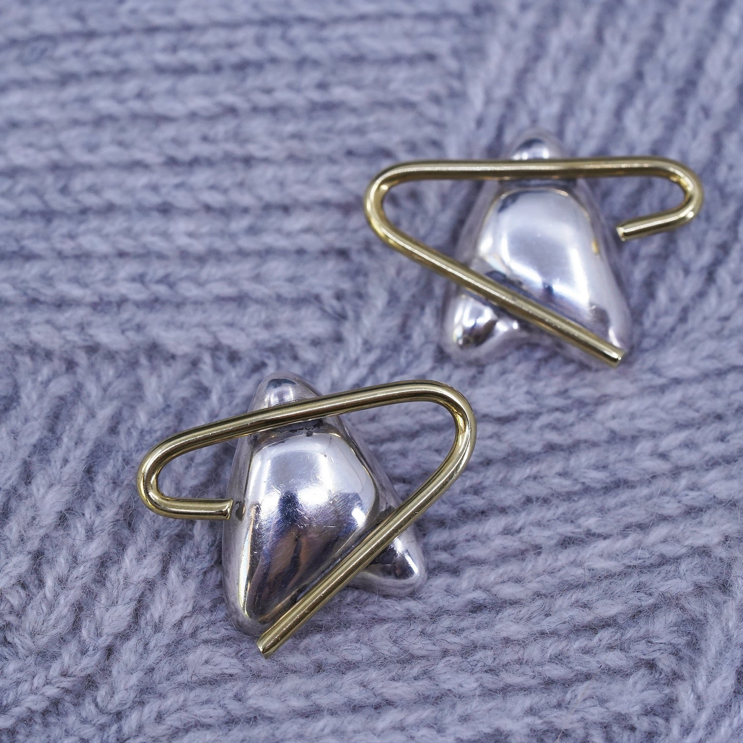 Vintage two tone Sterling silver handmade earrings, 925 studs with cable around