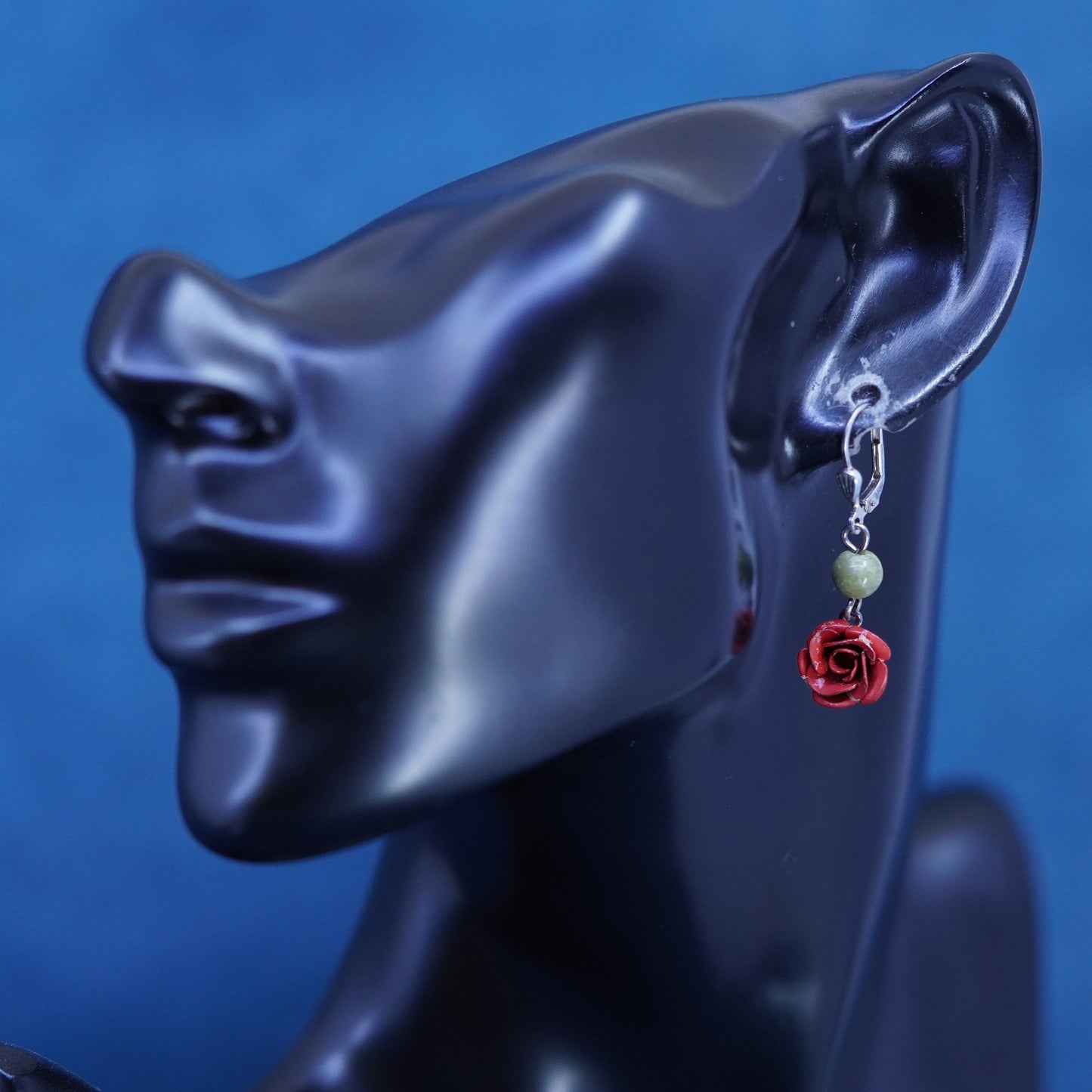 Vintage Sterling 925 silver handmade earrings jade bead and rose flower dangles