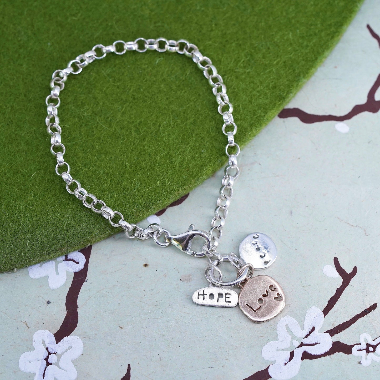 6.5”, sterling silver circle link bracelet, circle chain hope love peace charms