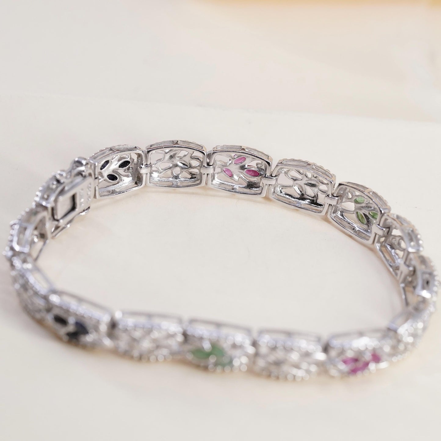 7.25", VTG Sterling 925 silver filigree tennis bracelet ruby emerald sapphire