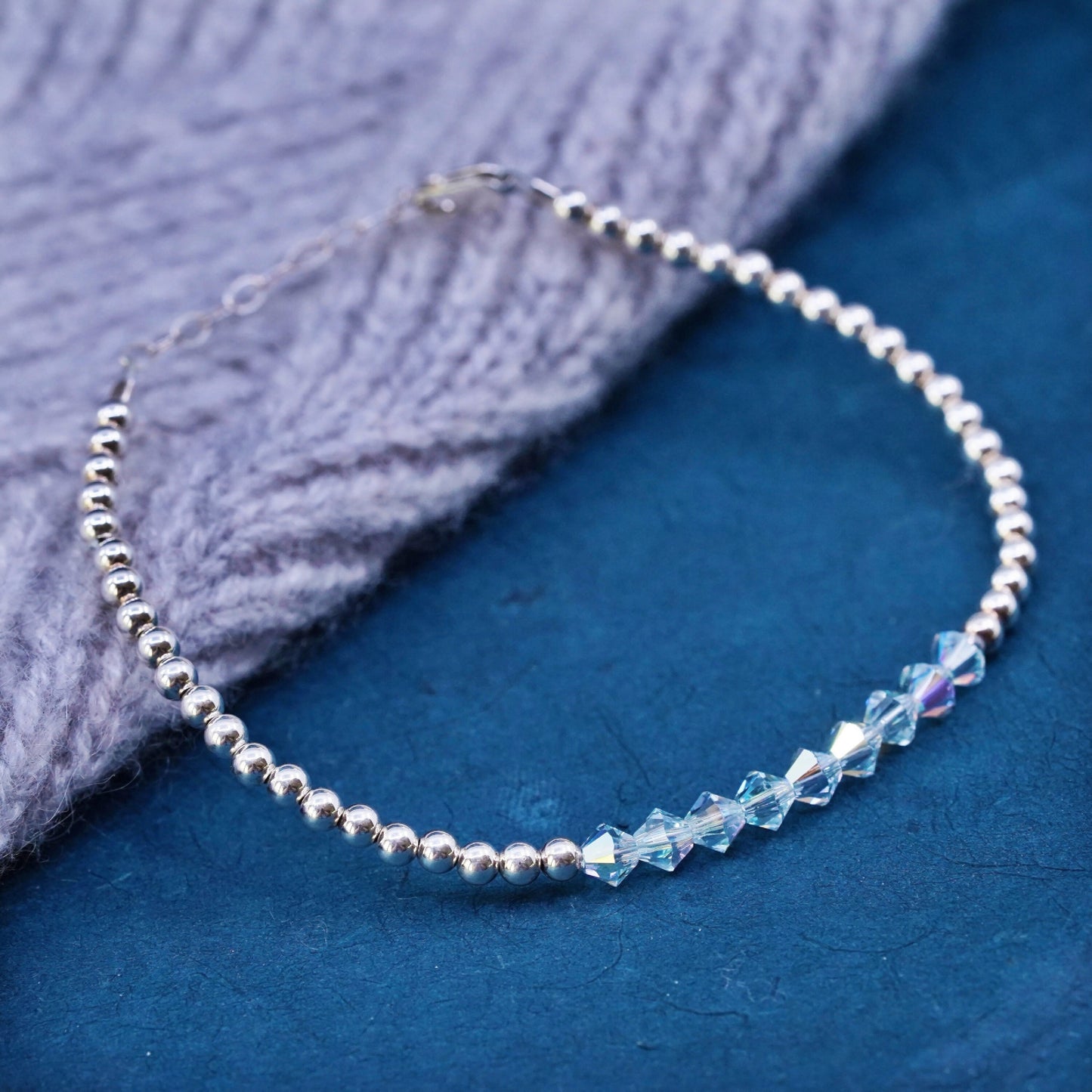 7.25”, vintage sterling 925 silver handmade beads bracelet with blue crystal