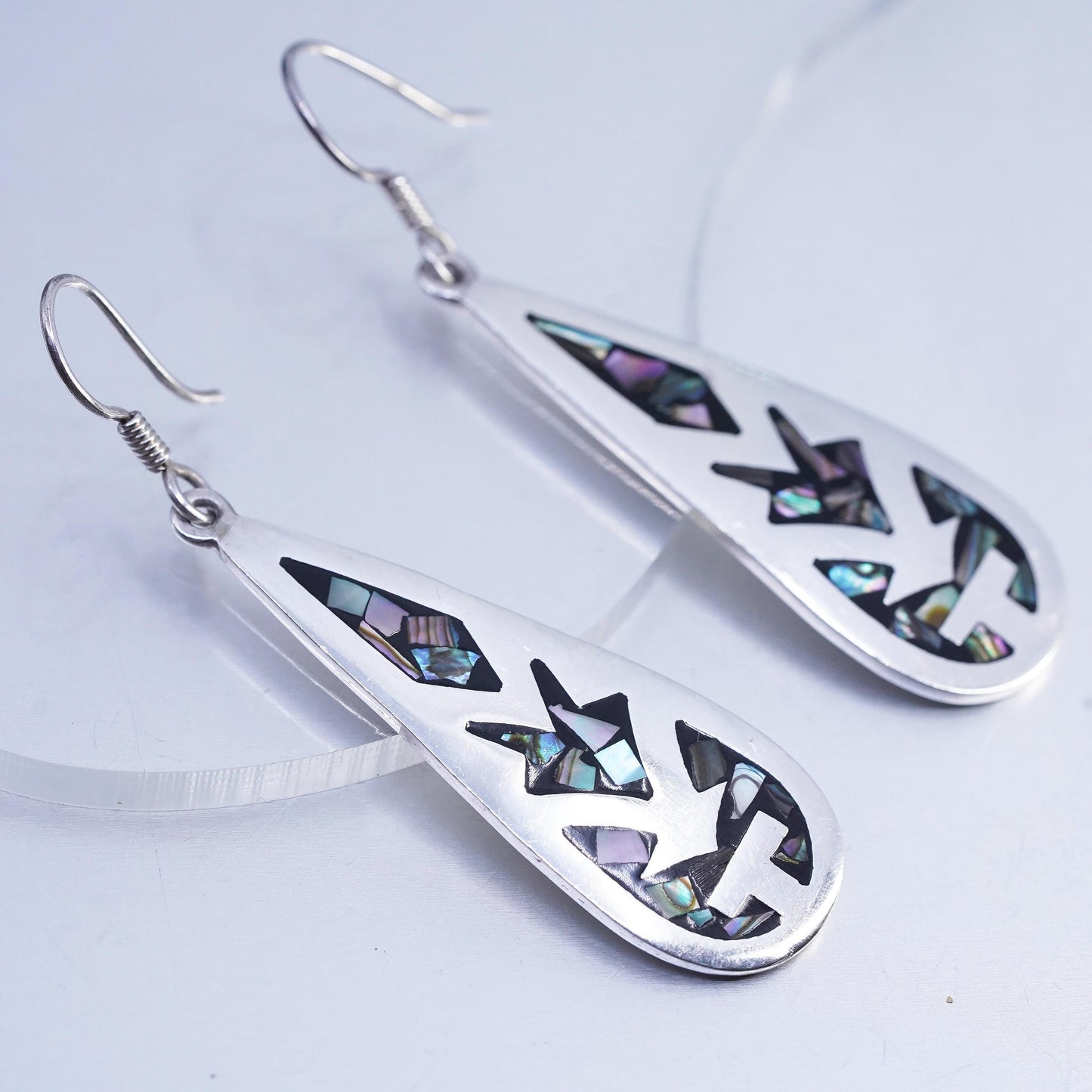 Vintage Mexican Sterling 925 silver handmade teardrop earrings abalone inlay