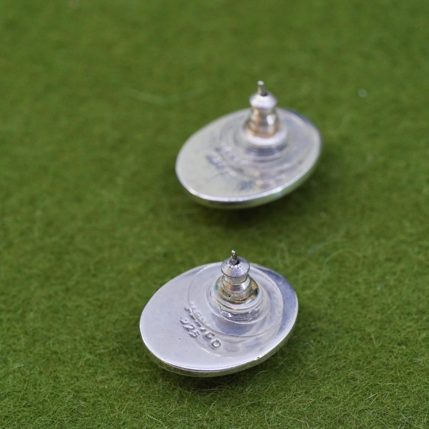 Mexican sterling silver earrings, Native American 925 studs oval cats eye
