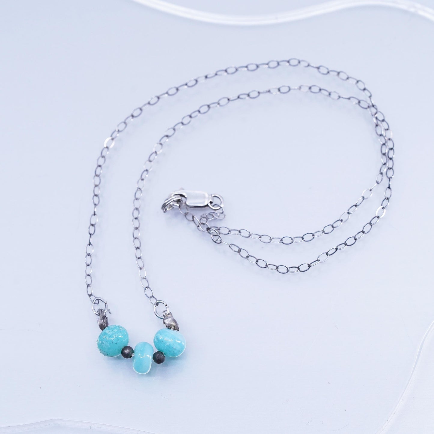 18”, Sterling 925 silver flatten circle chain necklace w/ larimar bead pendant