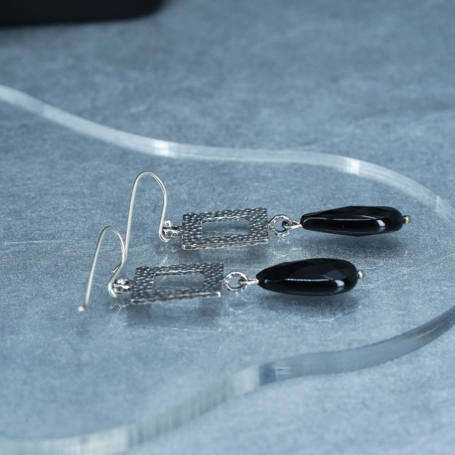 Vintage Sterling silver handmade earrings, 925 square w/ teardrop onyx dangles