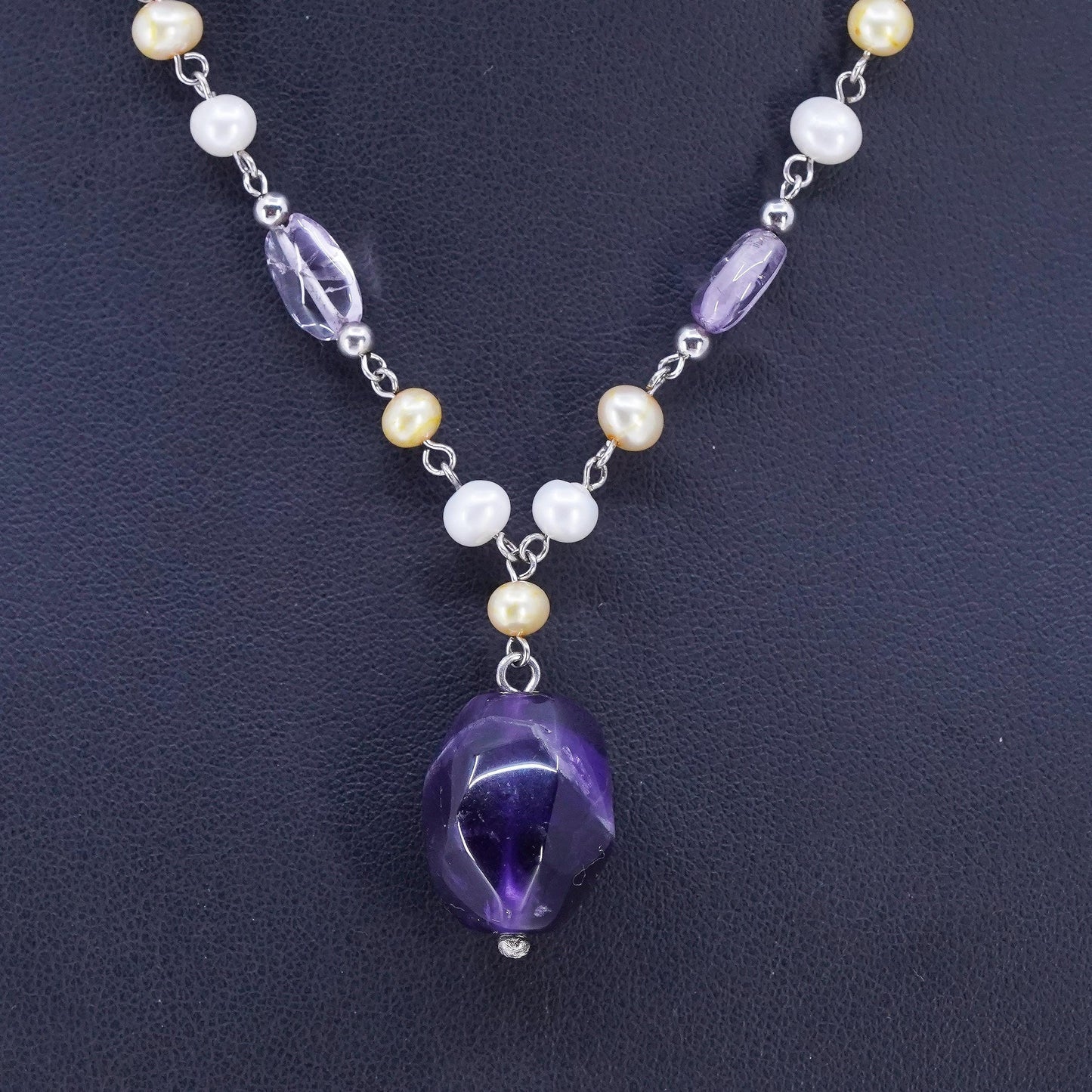 16", Sterling 925 silver necklace with pearl beads and nugget amethyst pendant