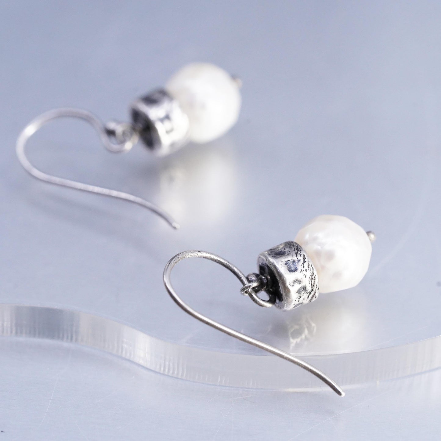 Vintage Sterling Silver Freshwater Pearl Dangle Earrings, Artisan Pearl Drops