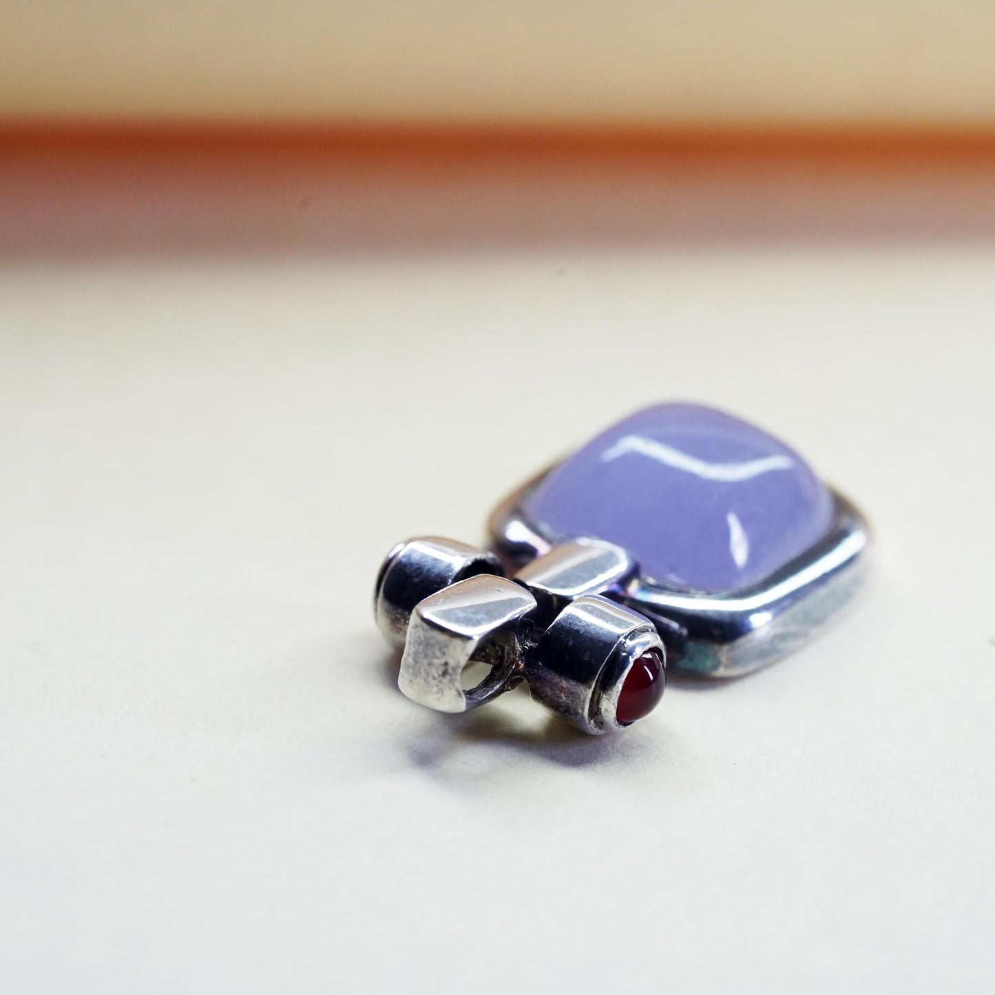 Vintage sterling 925 silver handmade square pendant with purple jade