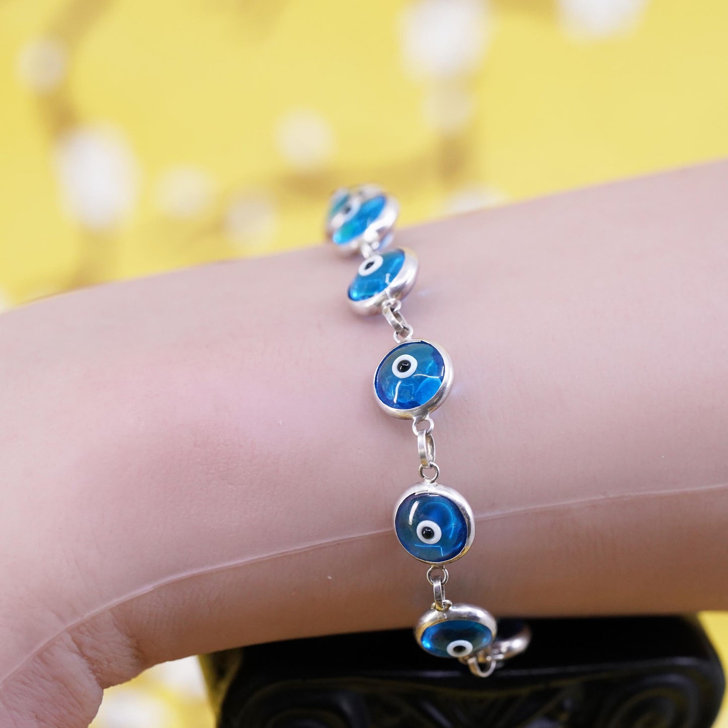 7”, vintage sterling 925 silver handmade bracelet blue evil eye bracelet