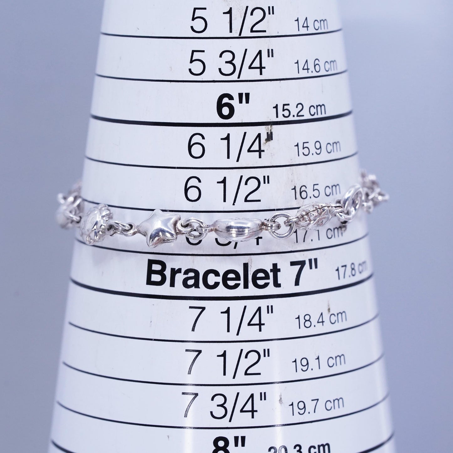 6.75”, Sterling 925 silver handmade puffy star moon sun chain bracelet