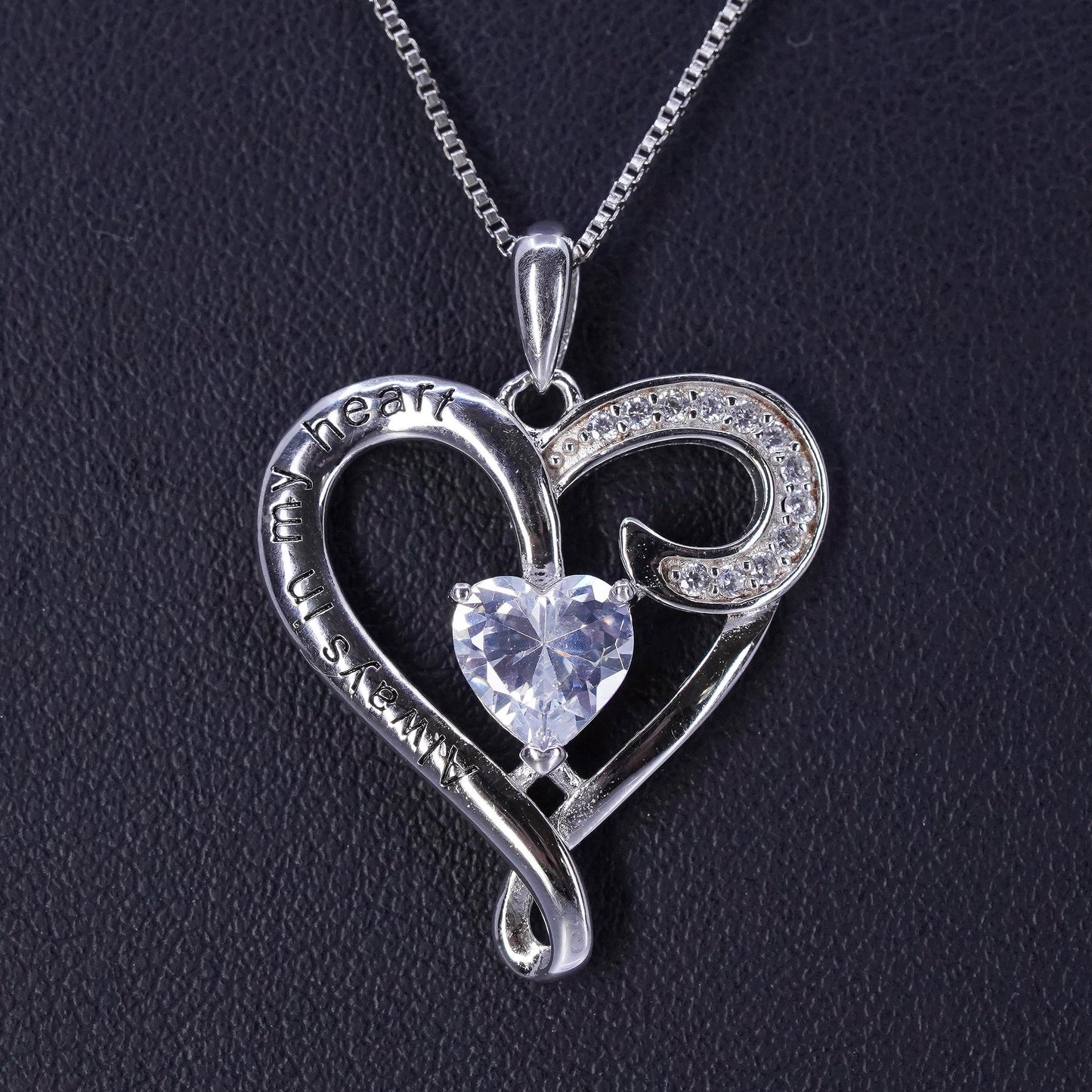 18+1”, Sterling 925 silver box necklace cz heart pendant “always in my heart”