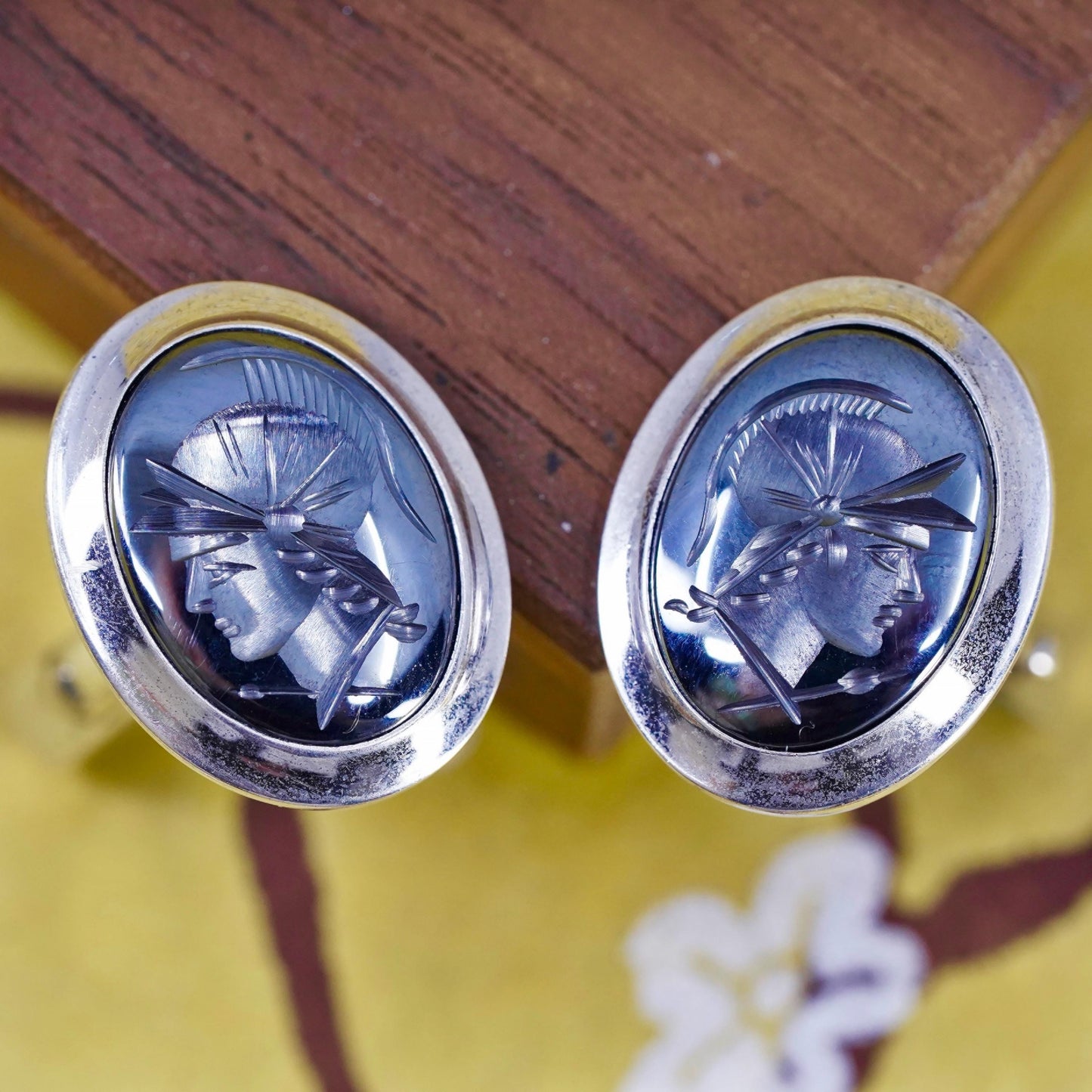 VTG Sterling 925 silver handmade hematite warrior Intaglio cufflinks cuff links