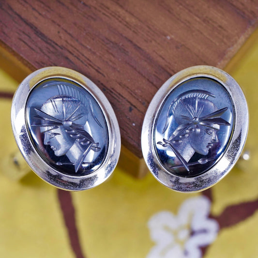 VTG Sterling 925 silver handmade hematite warrior Intaglio cufflinks cuff links