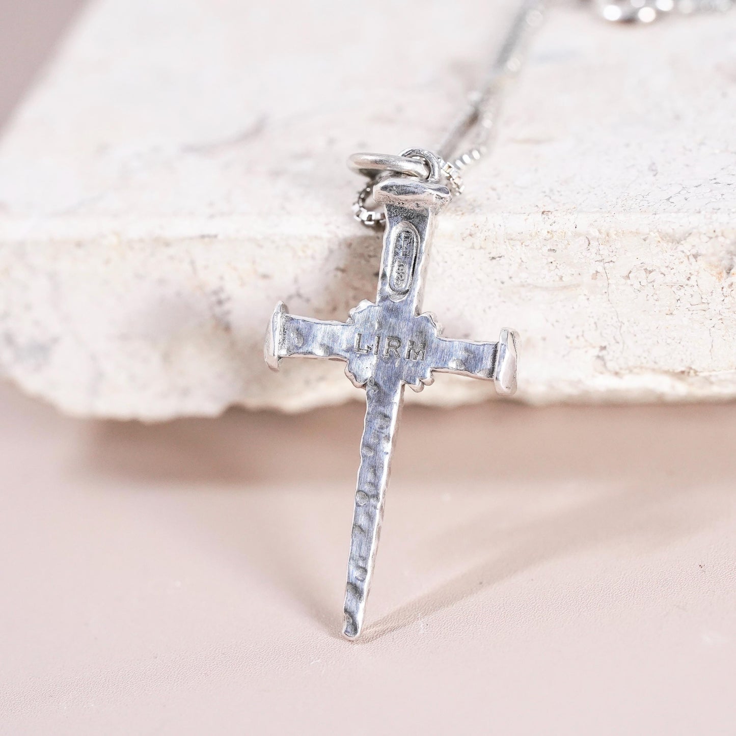 16”, VTG LIRM Sterling silver necklace, 925 box chain textured cross pendant