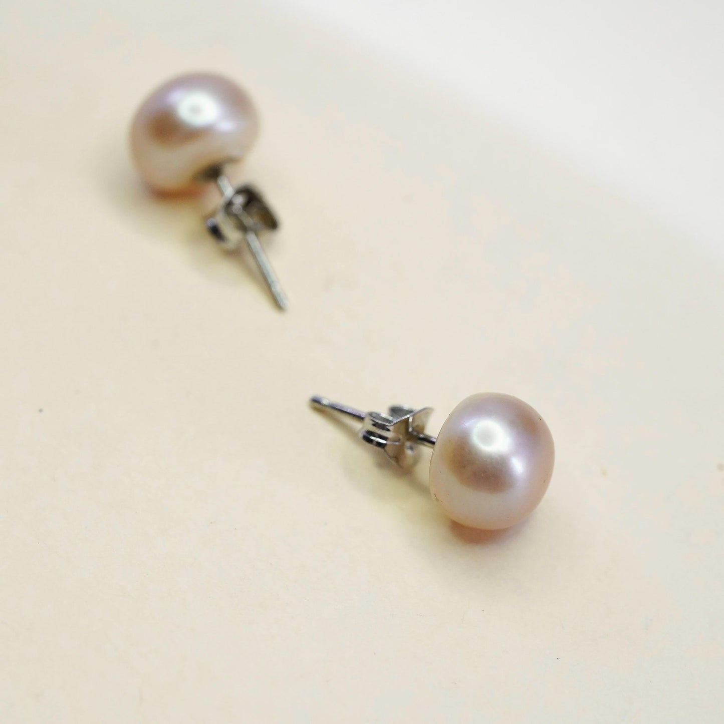 8mm, Vintage sterling silver handmade earrings, 925 studs pink freshwater pearl