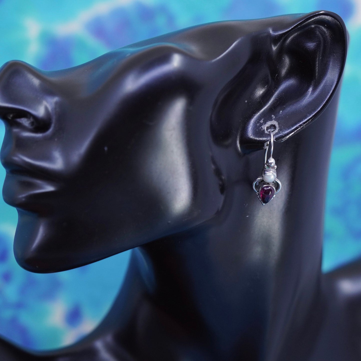 Vintage Sterling silver 925 handmade earrings with teardrop garnet and pearl