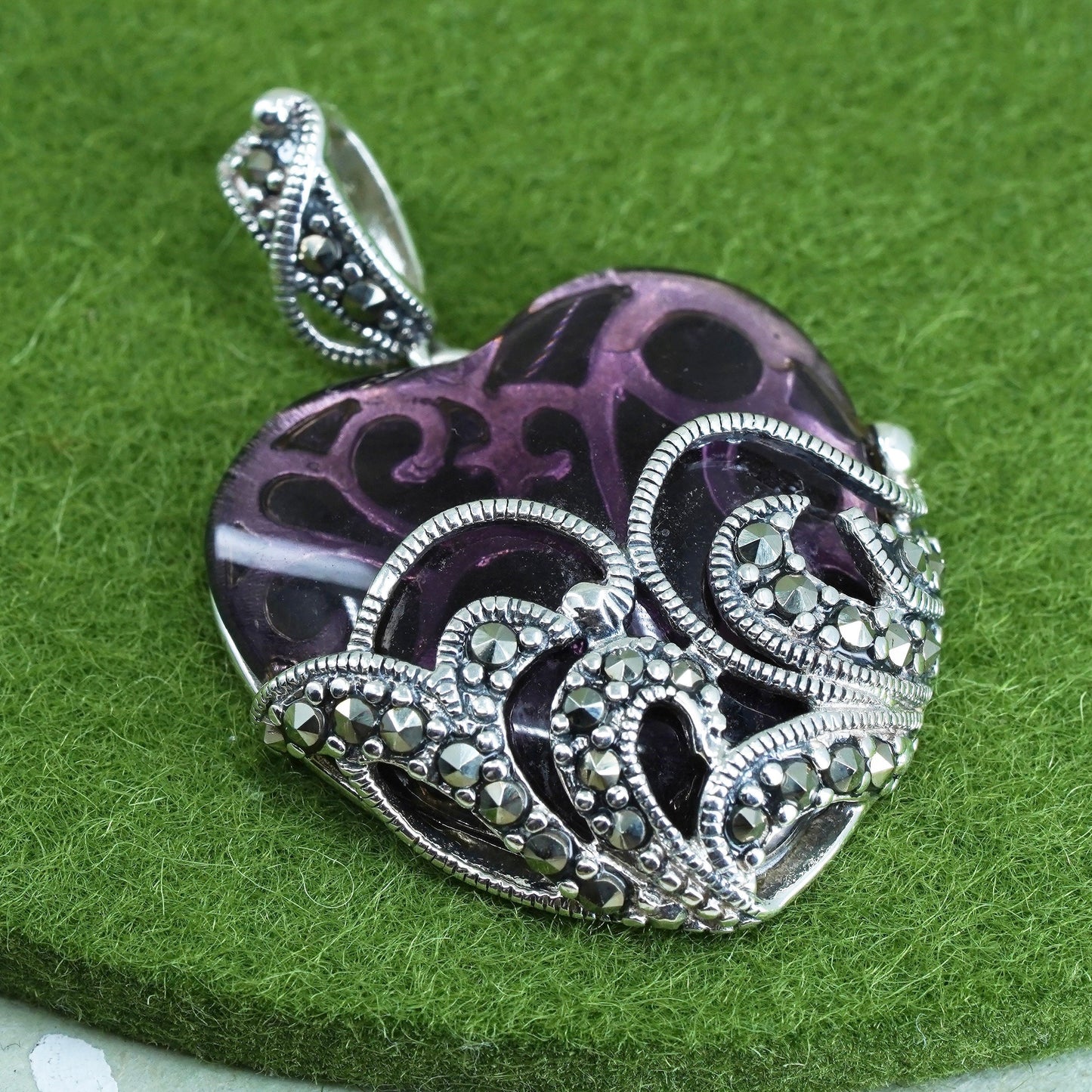 SLC sterling silver pendant, 925 filigree with marcasite purple garnet heart