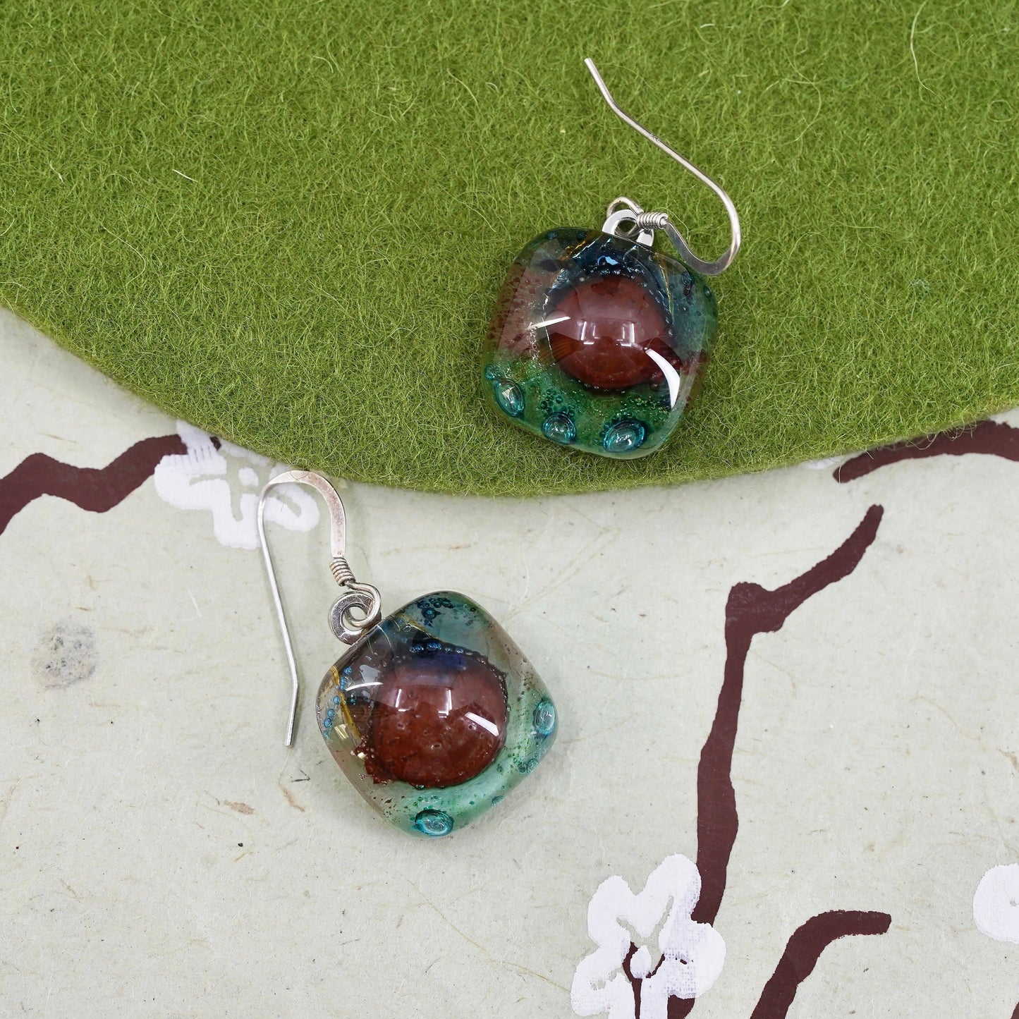 Vintage Sterling 925 silver handmade earrings square foiled artisan glass drops