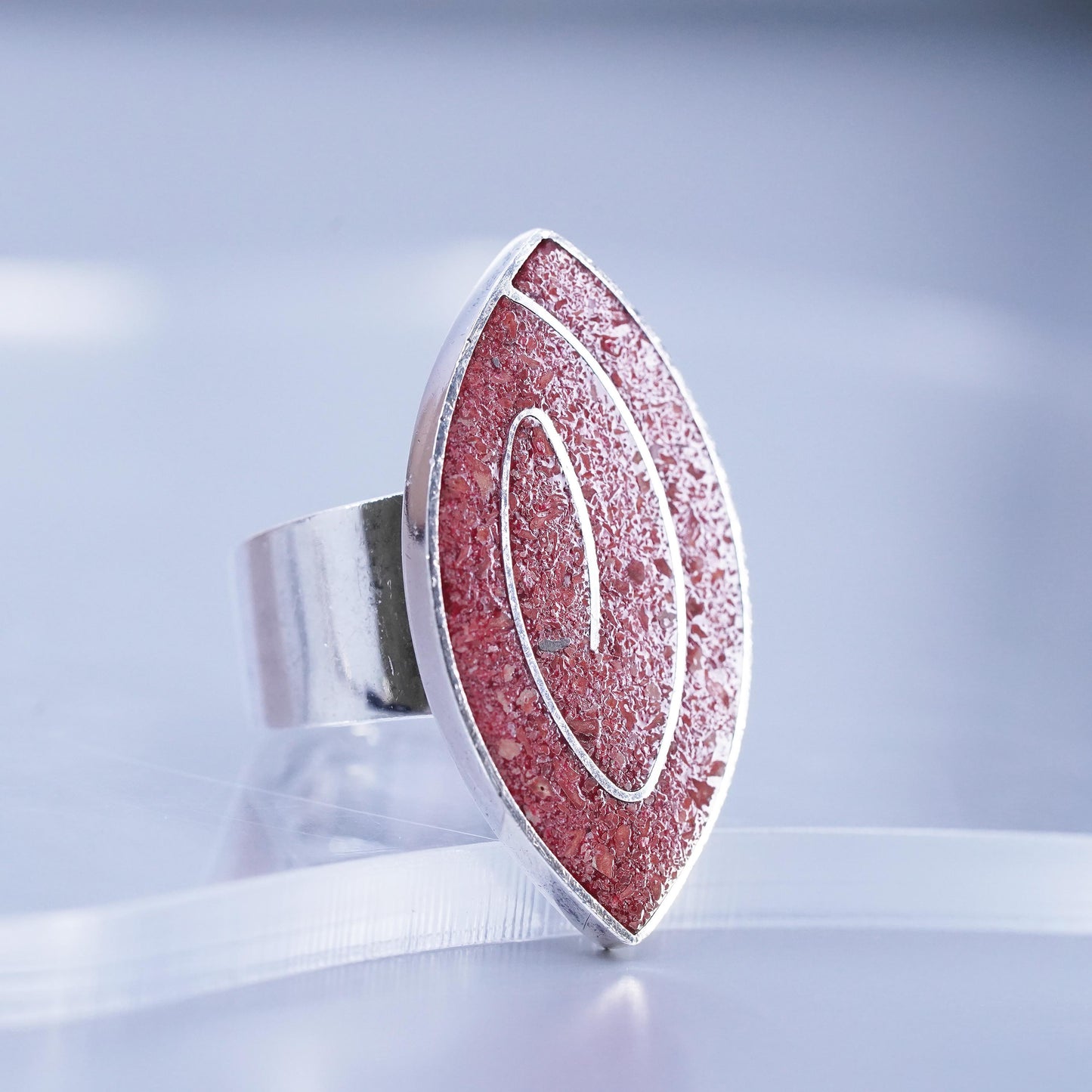Size 7.5, southwestern Sterling 925 silver handmade spiral ring with coral