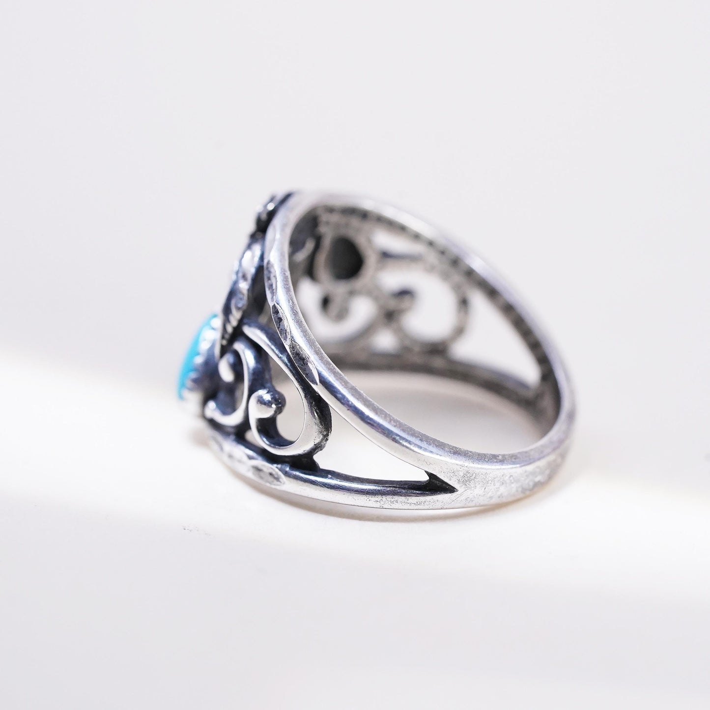 Size 8, VTG Wheeler Jewelry Co. 925 Sterling Silver Turquoise Coral Floral Ring