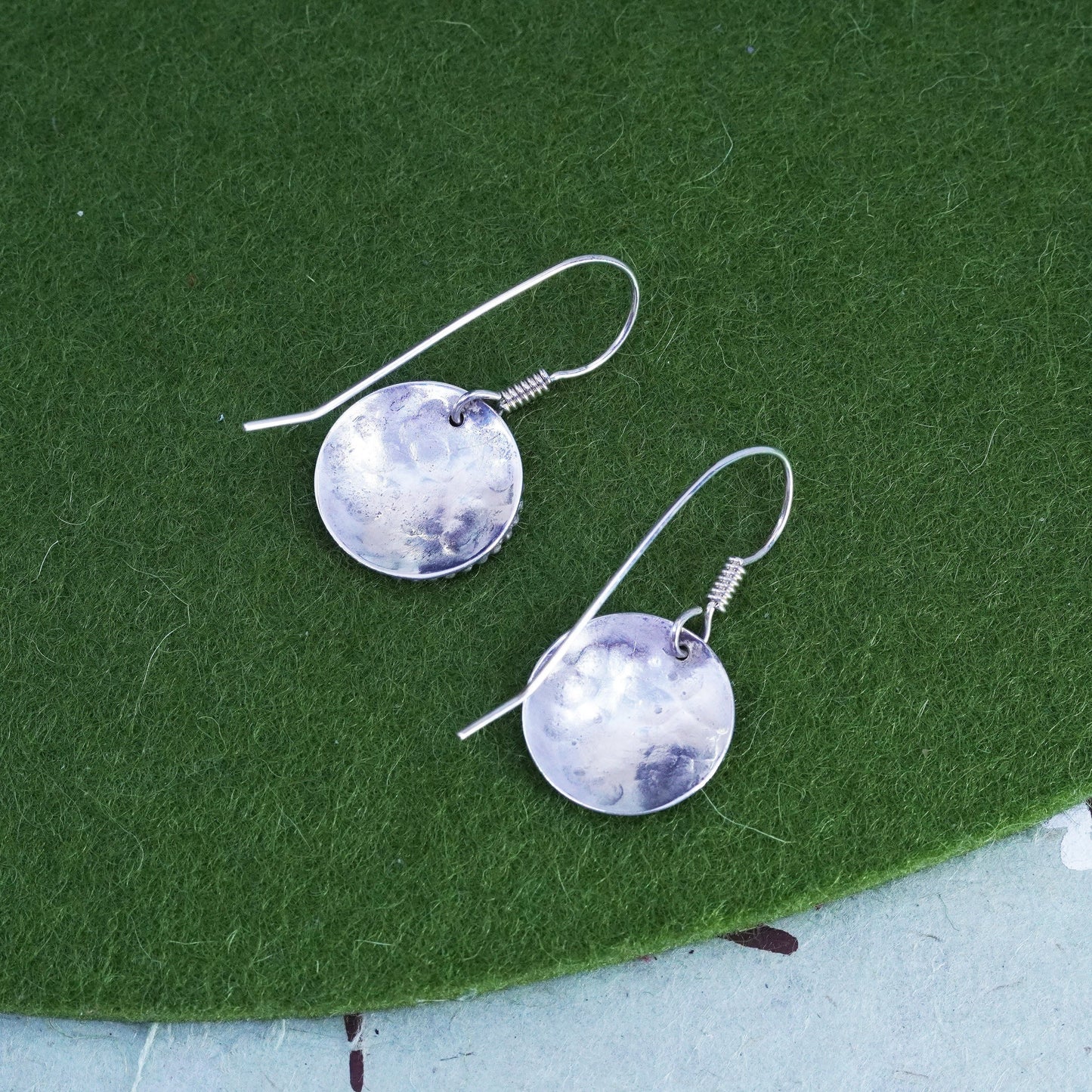 Vintage Hammered textured Disc Sterling 925 Silver Earrings