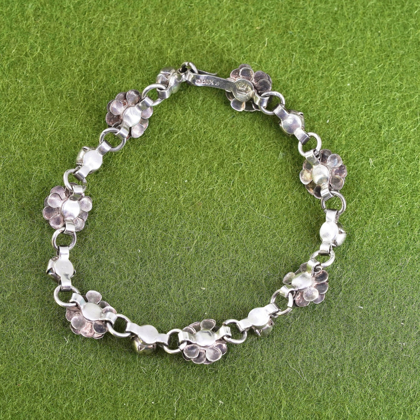 6.25", Sterling silver handmade bracelet, Mexico 925 flower with turquoise