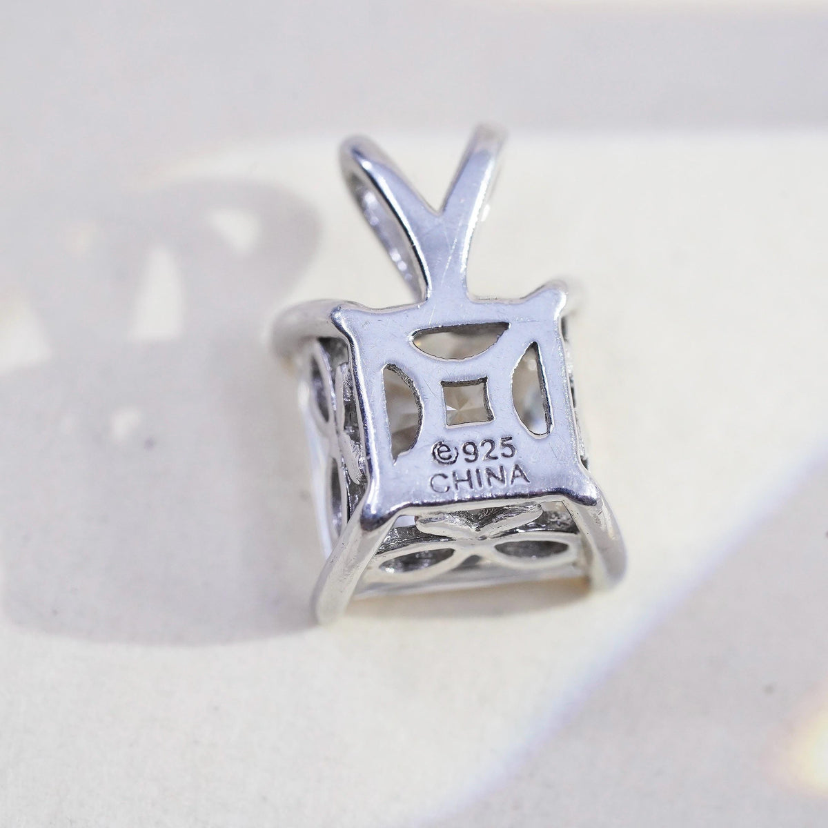 Vintage sterling silver square cz pendant, 925 charm