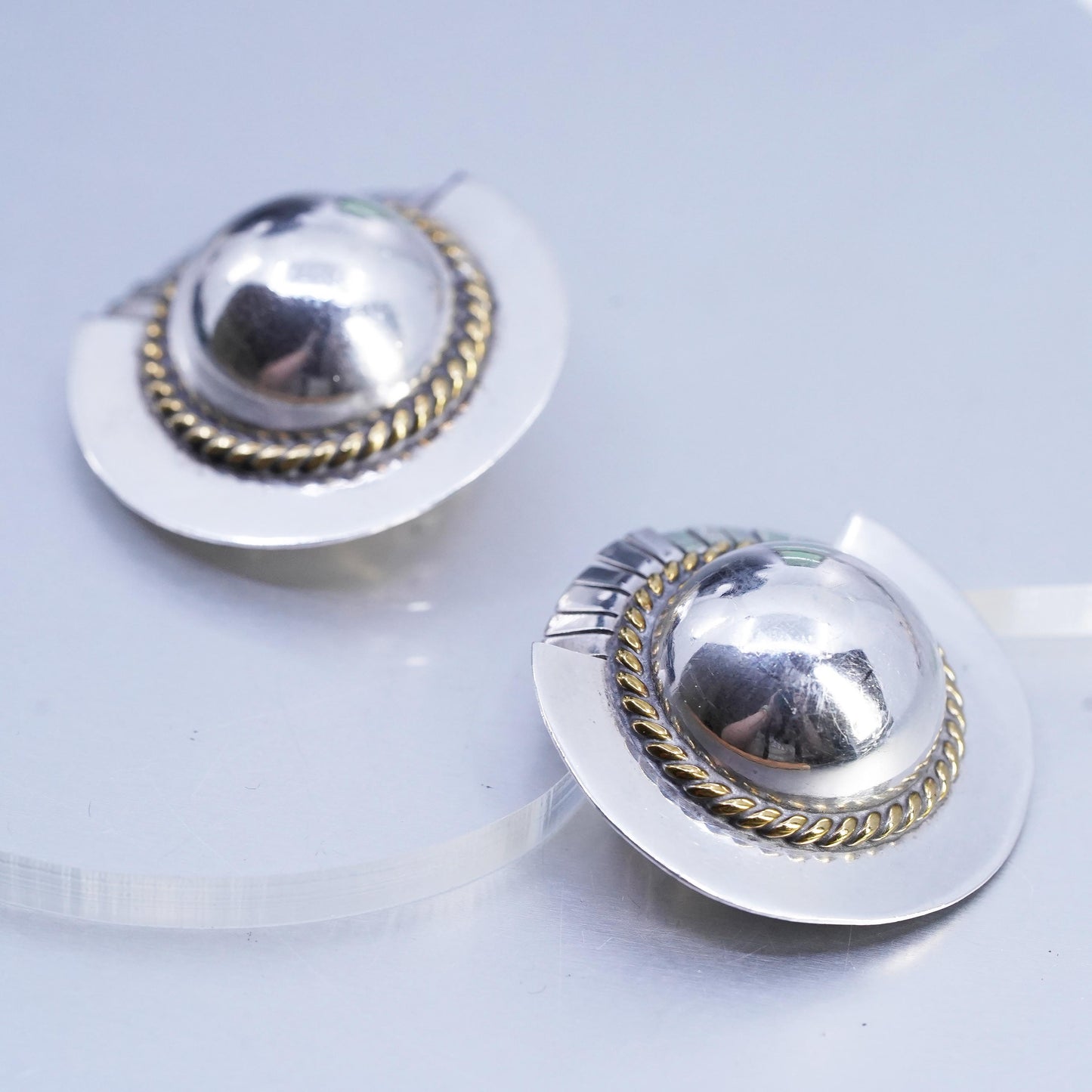 VTG Mexican Two Tone Sterling 925 Silver circle CLIP ON earrings brass cable