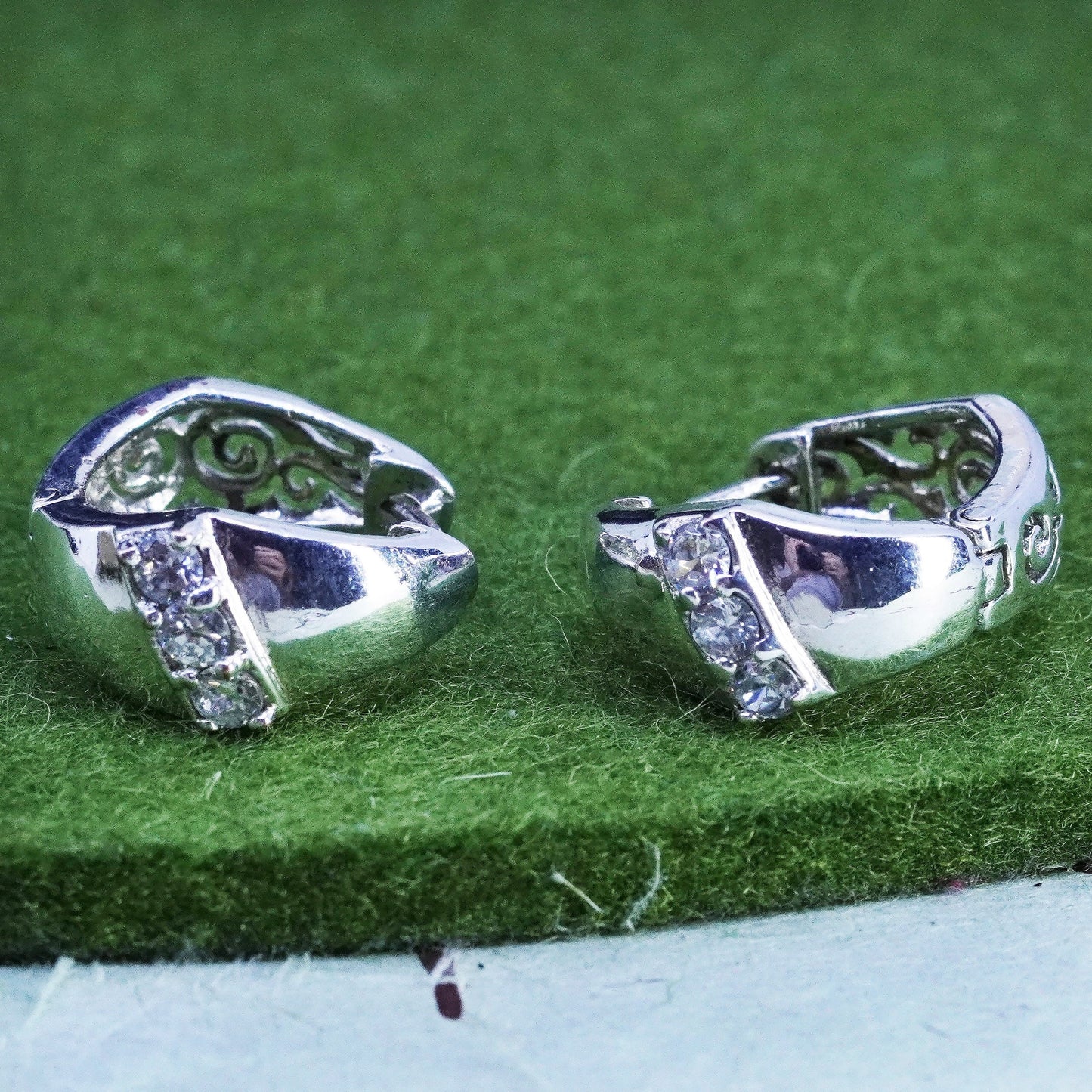 0.75”, Sterling silver handmade earrings, filigree 925 Huggie hoops with cz