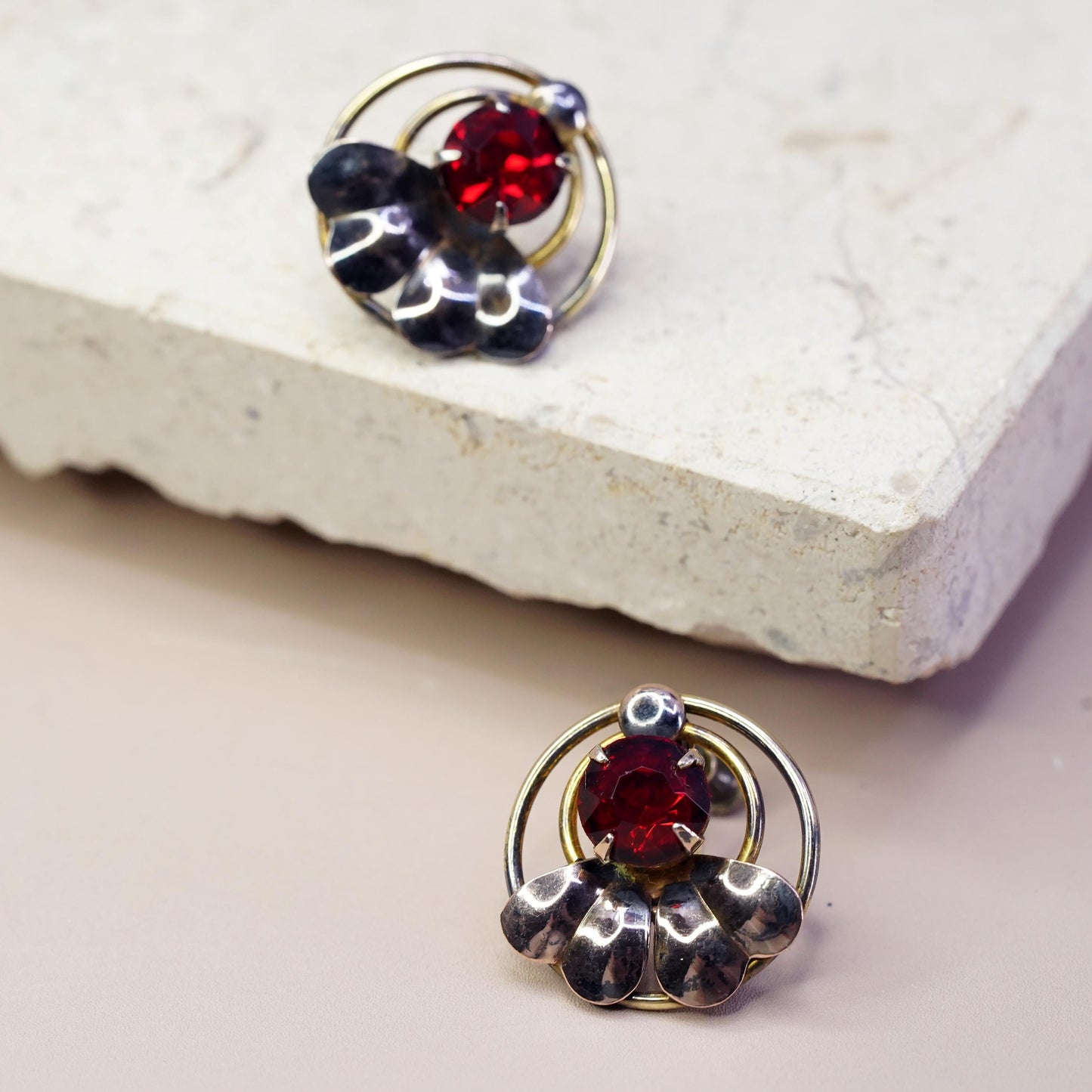 Vintage gold plated Sterling 925 silver screw back earrings with red Rhinestone