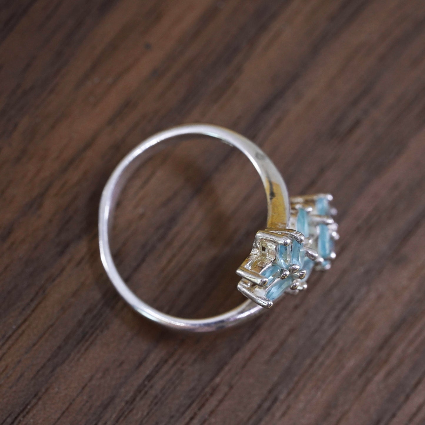Size 7, Vintage Sterling silver handmade ring, blue crystal flower, 925 band