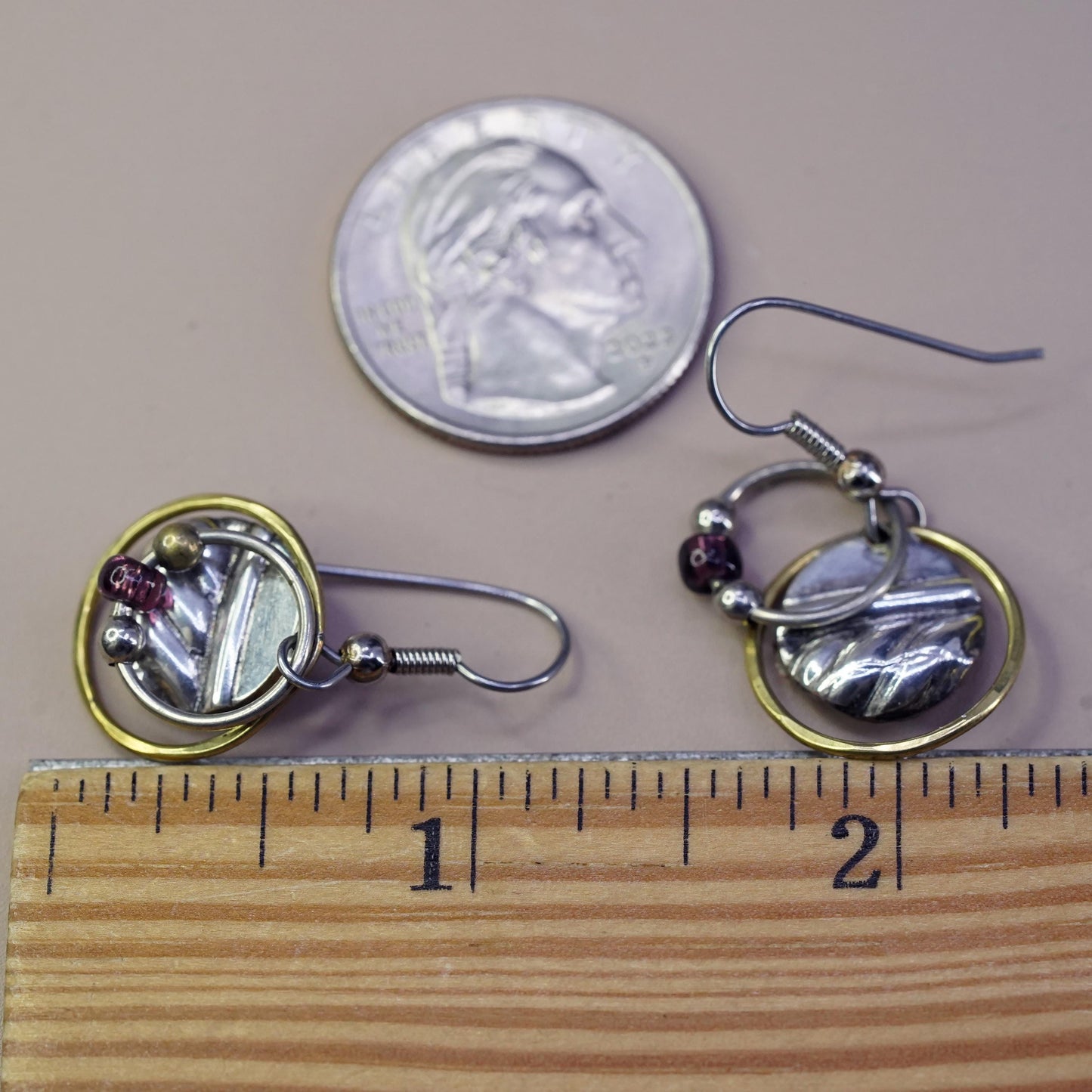 Vintage Two Tone Sterling silver handmade earrings, 925 disc w/ beads and brass