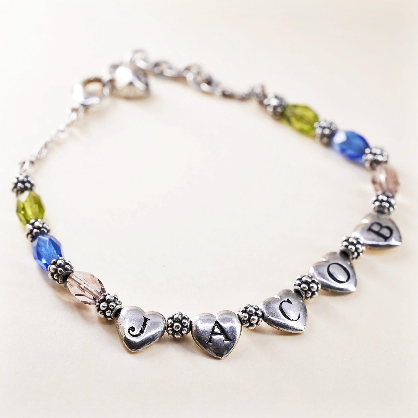 7+1”, Lenox USA Sterling silver bracelet, 925 name Jacob heart charm crystal