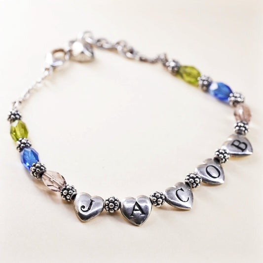 7+1”, Lenox USA Sterling silver bracelet, 925 name Jacob heart charm crystal
