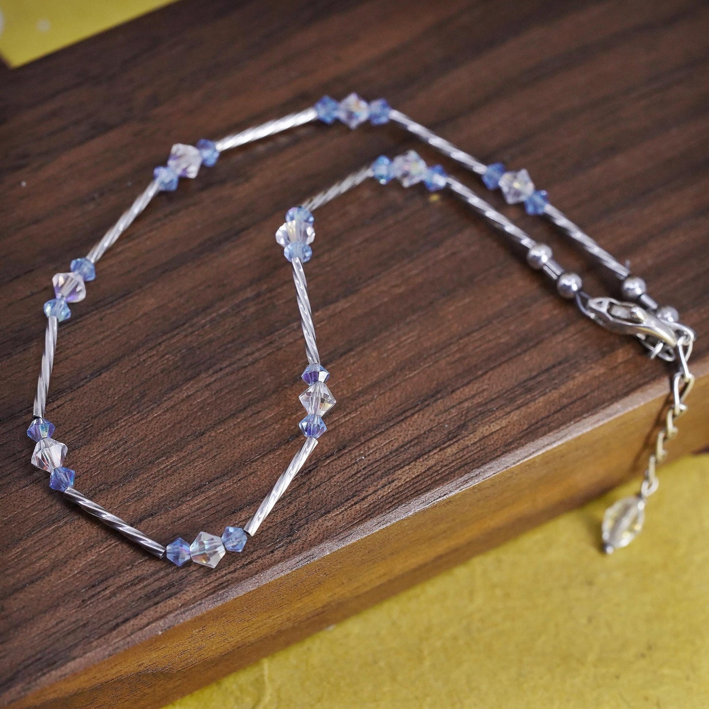 9+1.5", Sterling silver twisted tube anklet, 925 bracelet blue crystal beads